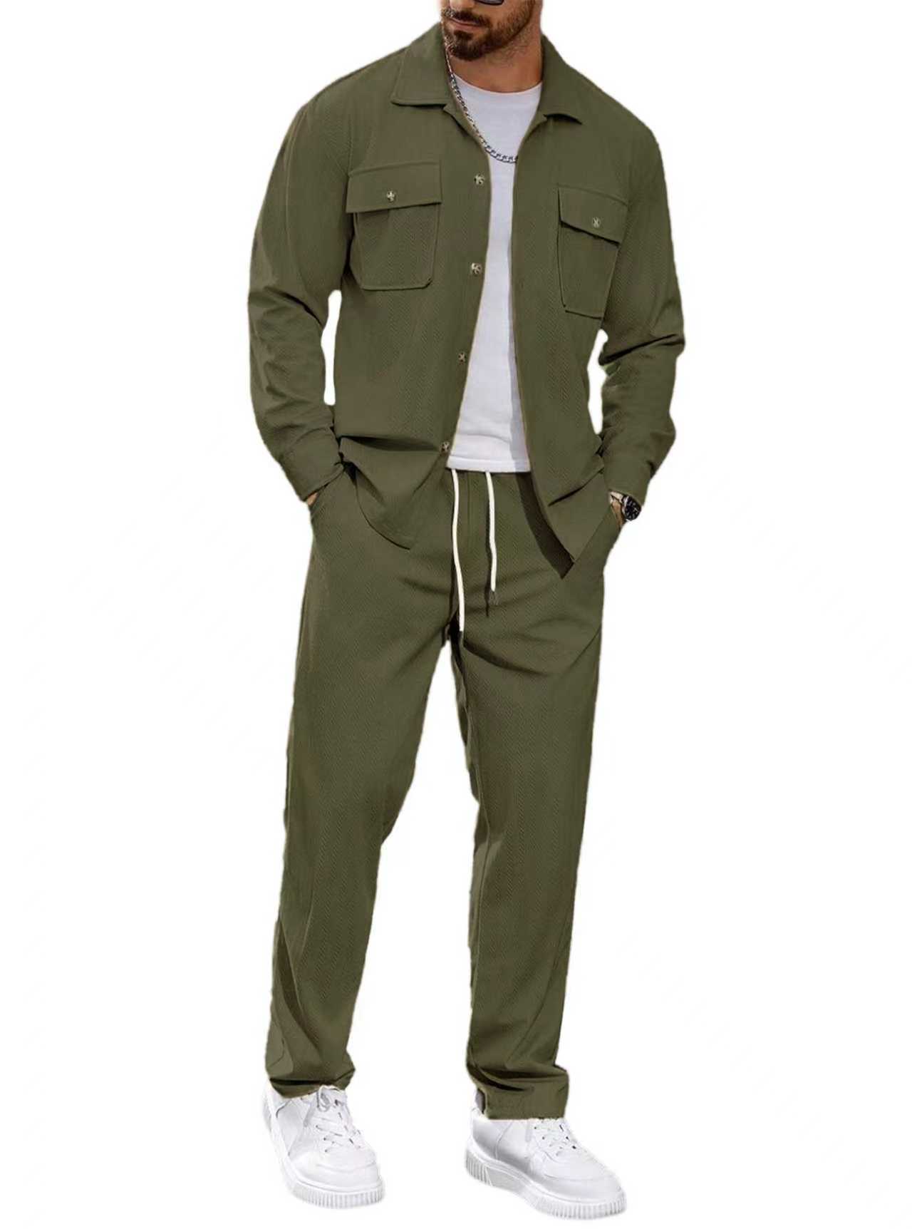 Men's Casual Activewear Set Button Pocket Jacket Straight Leg Pants NDF-00052