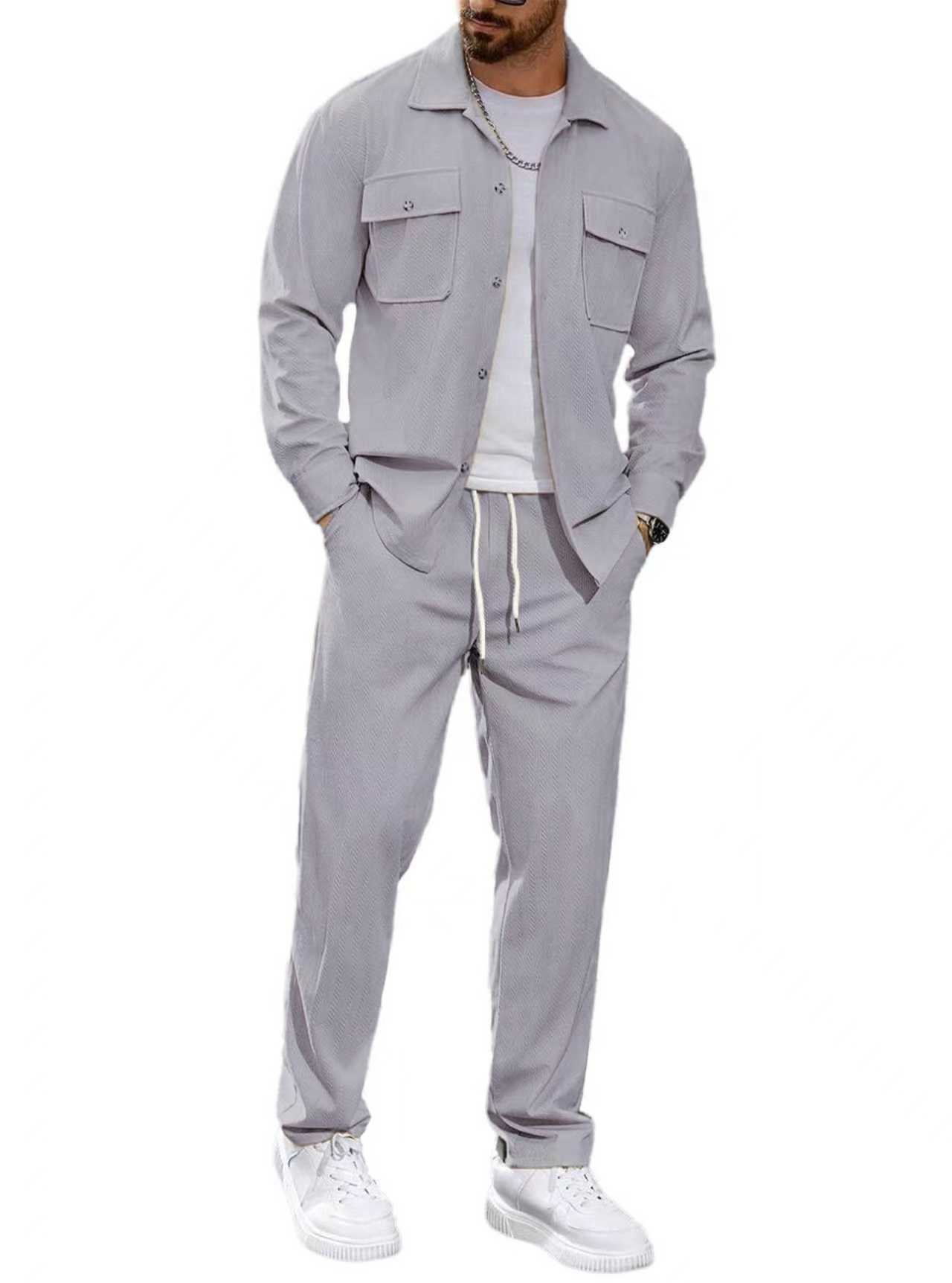 Men's Casual Activewear Set Button Pocket Jacket Straight Leg Pants NDF-00052