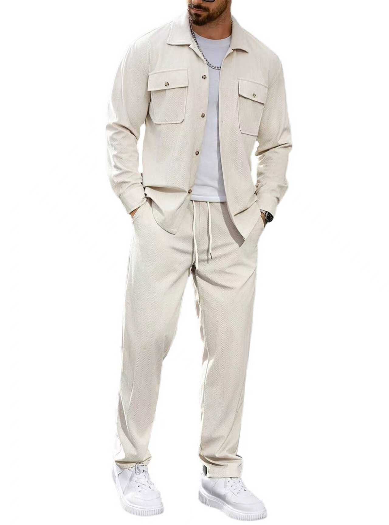 Men's Casual Activewear Set Button Pocket Jacket Straight Leg Pants NDF-00052