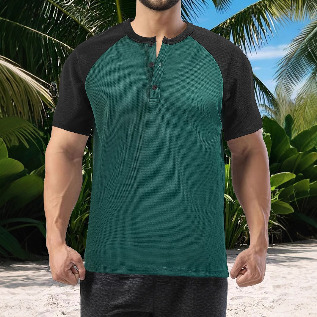 Men's Moisture Wicking Polo Shirt Color Block Short Sleeve Henley NDF-00020
