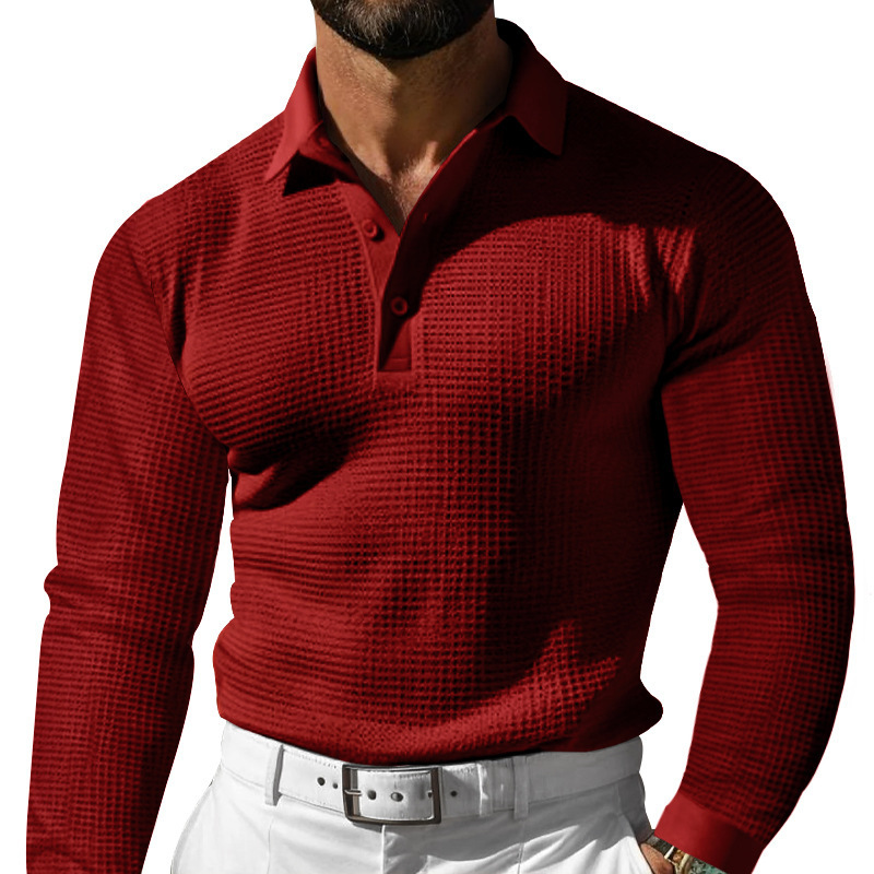 Waffle Knit Long Sleeve Polo Shirt - Casual Button Down Collar NDF-00021