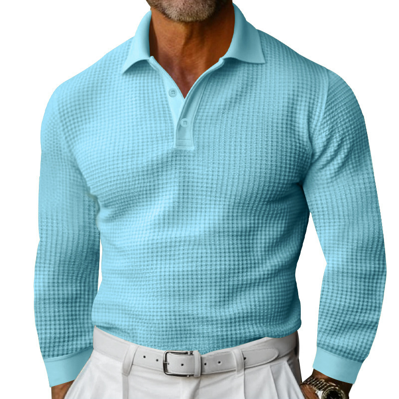 Waffle Knit Long Sleeve Polo Shirt - Casual Button Down Collar NDF-00021