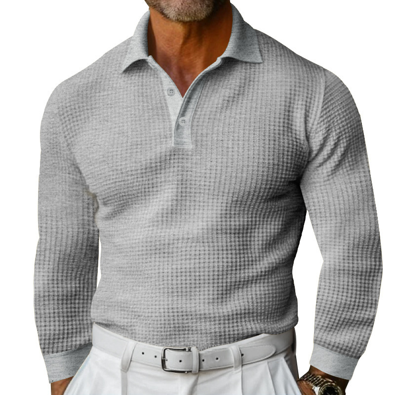 Waffle Knit Long Sleeve Polo Shirt - Casual Button Down Collar NDF-00021