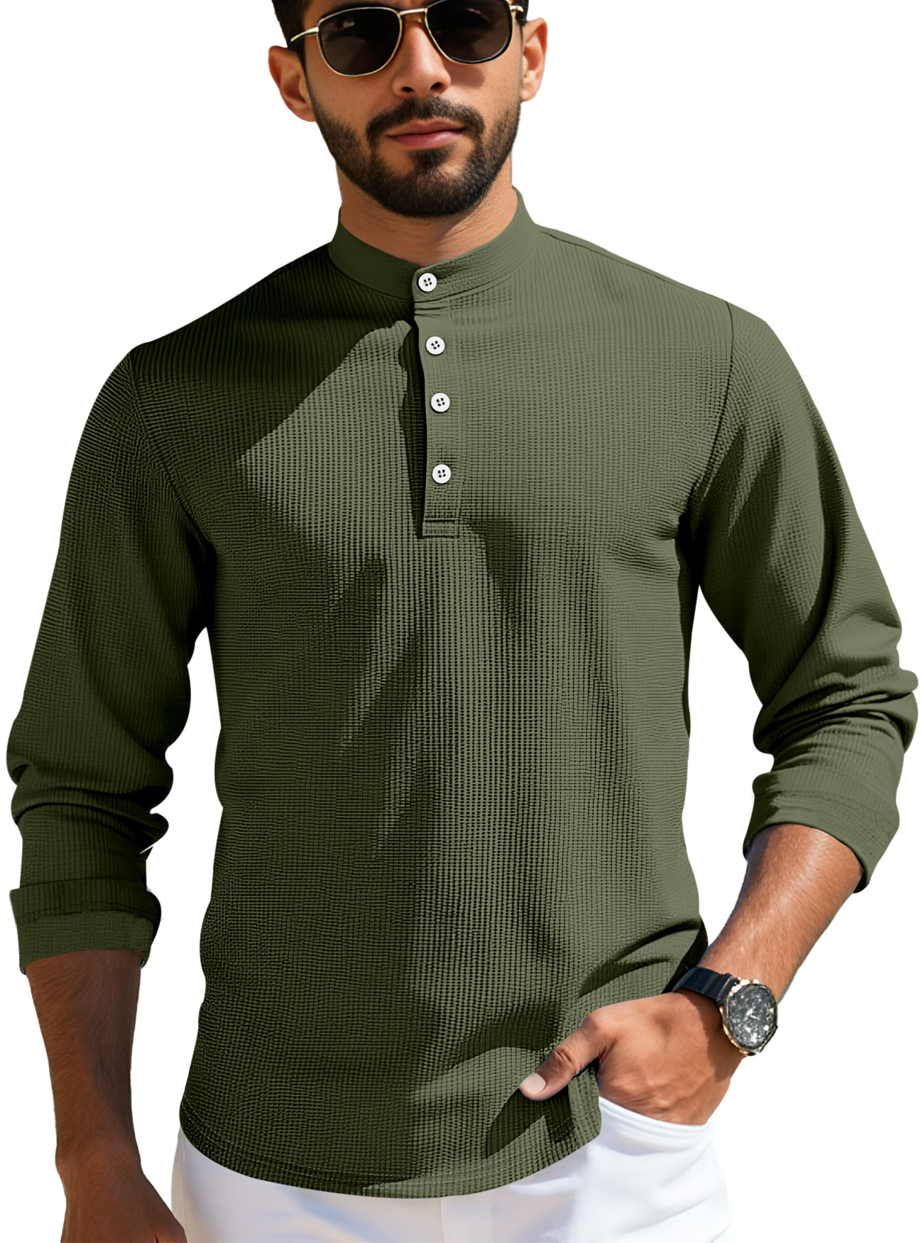 Men's Long Sleeve Polo Shirt Summer Casual Breathable Grid Button Collar NDF-00022