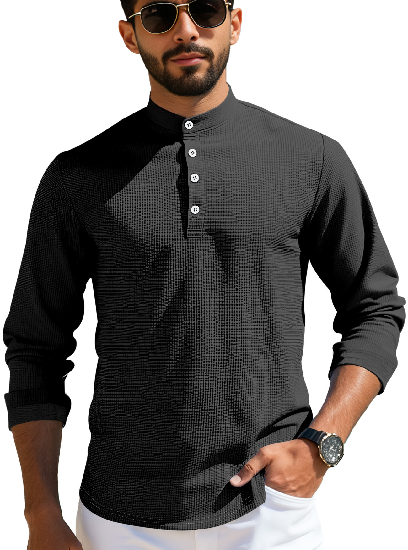 Men's Long Sleeve Polo Shirt Summer Casual Breathable Grid Button Collar NDF-00022