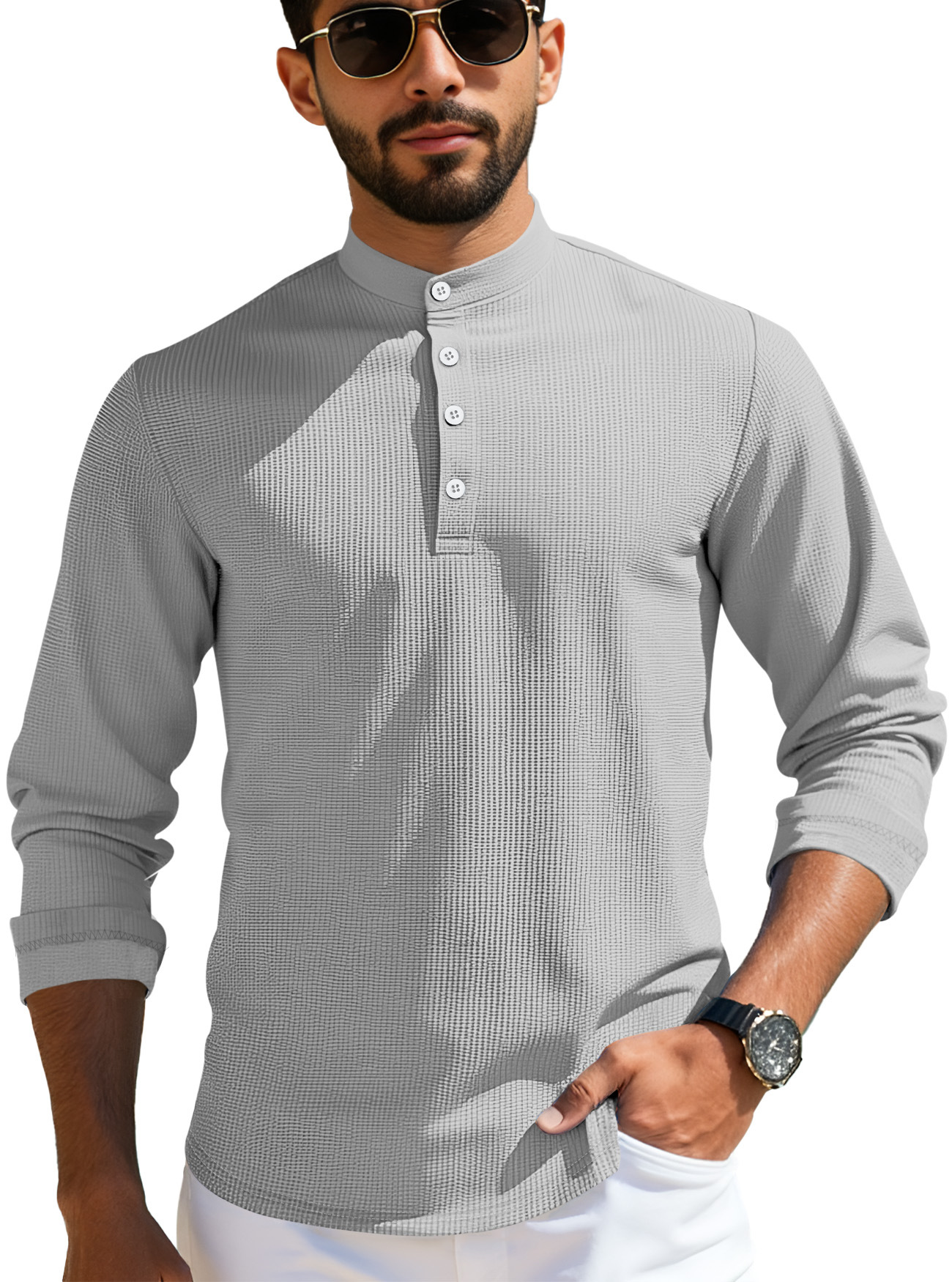 Men's Long Sleeve Polo Shirt Summer Casual Breathable Grid Button Collar NDF-00022