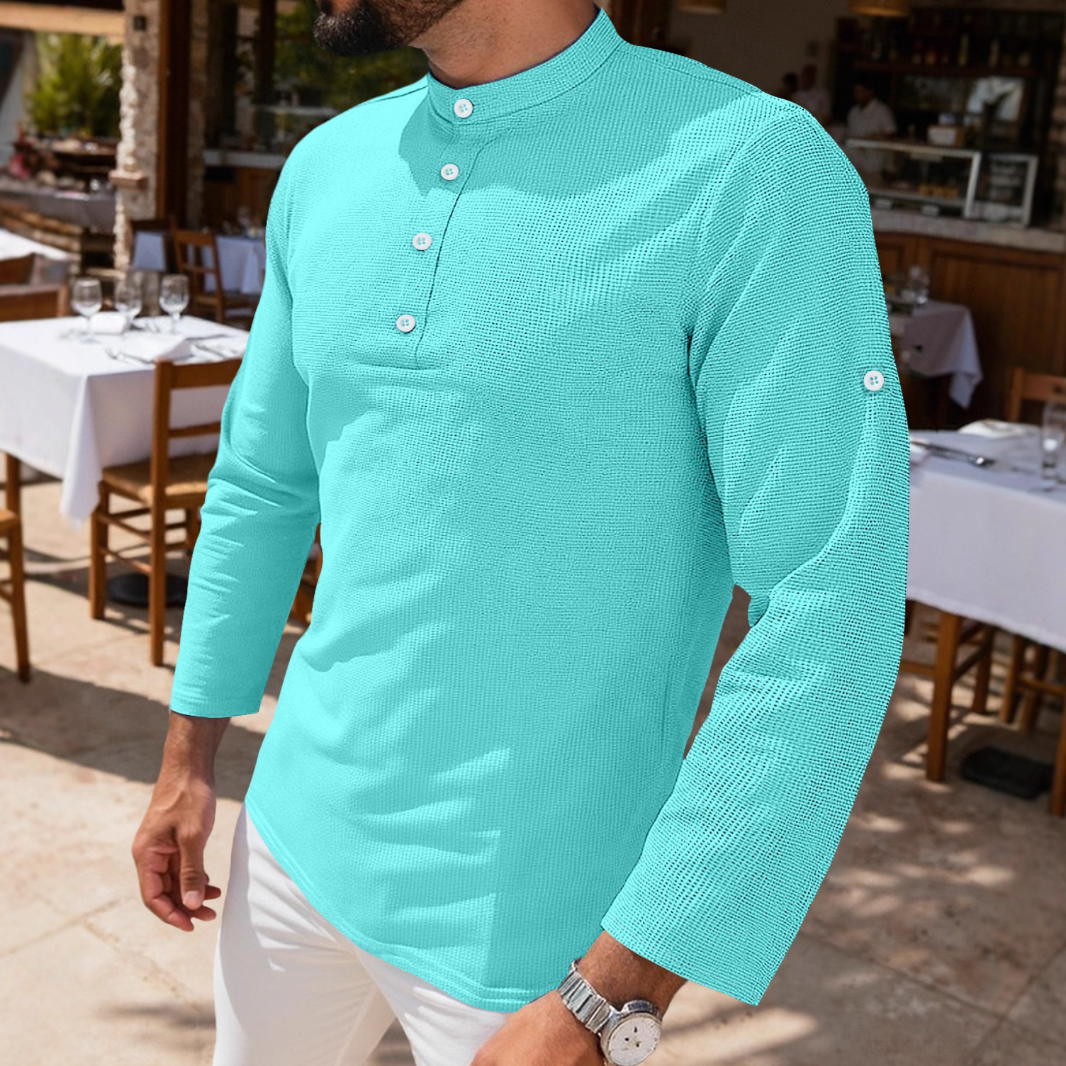 Men's Long Sleeve Polo Shirt Summer Casual Breathable Grid Button Collar NDF-00022