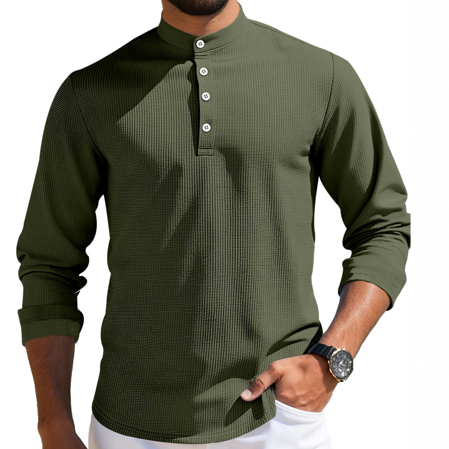 Men's Long Sleeve Polo Shirt Summer Casual Breathable Grid Button Collar NDF-00022