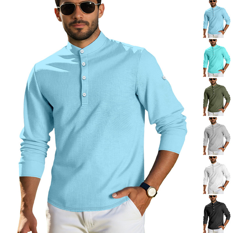 Men's Long Sleeve Polo Shirt Summer Casual Breathable Grid Button Collar NDF-00022