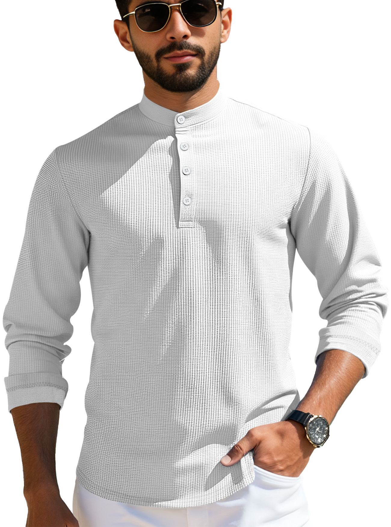 Men's Long Sleeve Polo Shirt Summer Casual Breathable Grid Button Collar NDF-00022