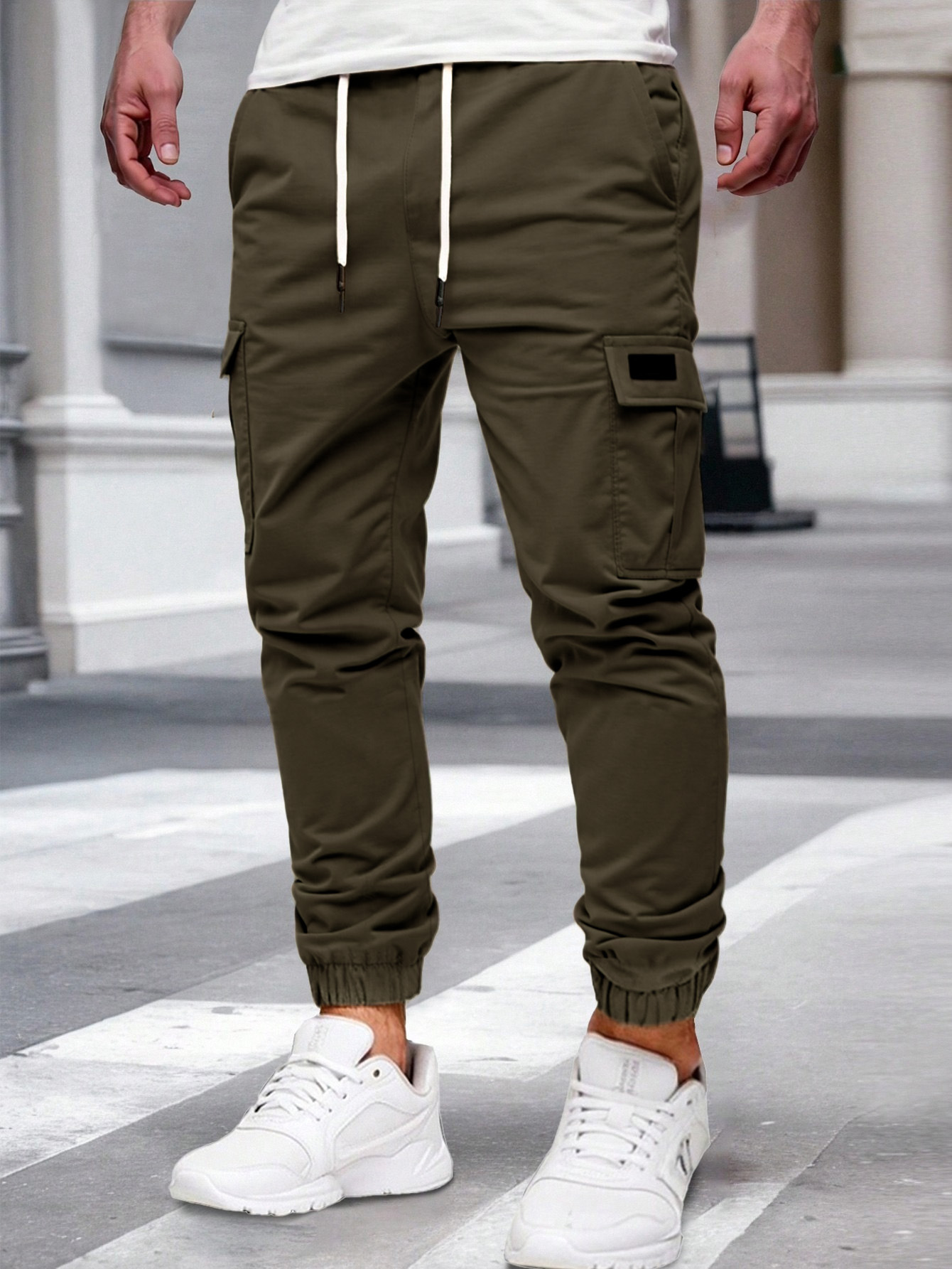 Men's Solid Color Cargo Pants Drawstring Joggers Casual Workout Sweatpants NDF-00021