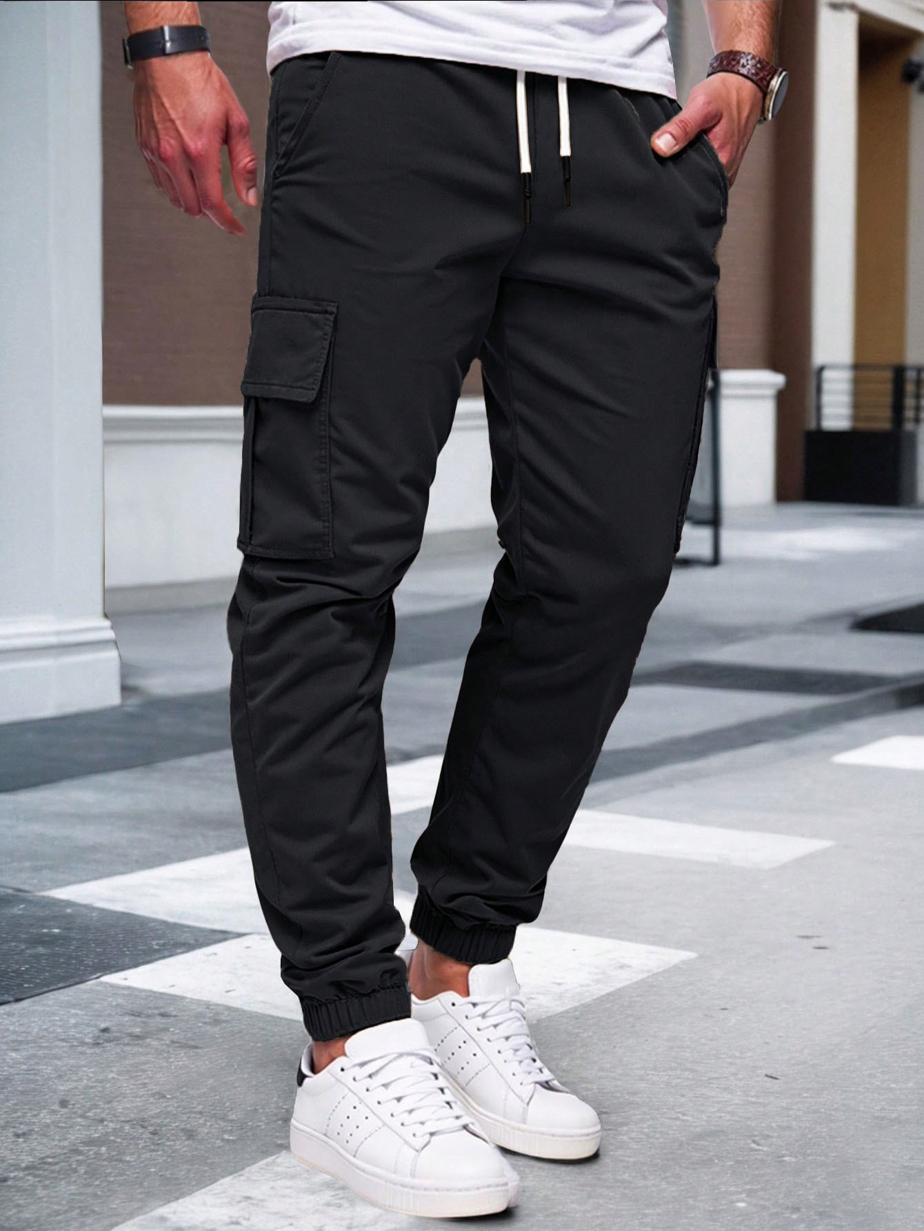 Men's Solid Color Cargo Pants Drawstring Joggers Casual Workout Sweatpants NDF-00021