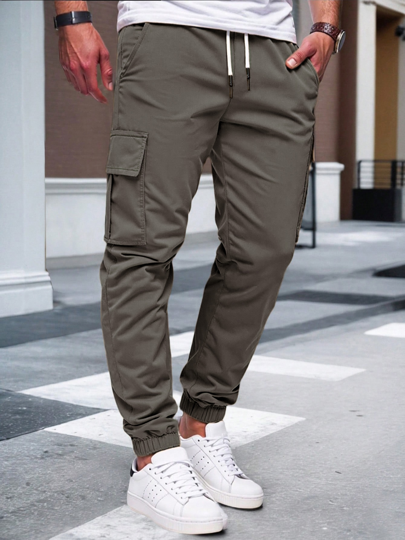 Men's Solid Color Cargo Pants Drawstring Joggers Casual Workout Sweatpants NDF-00021