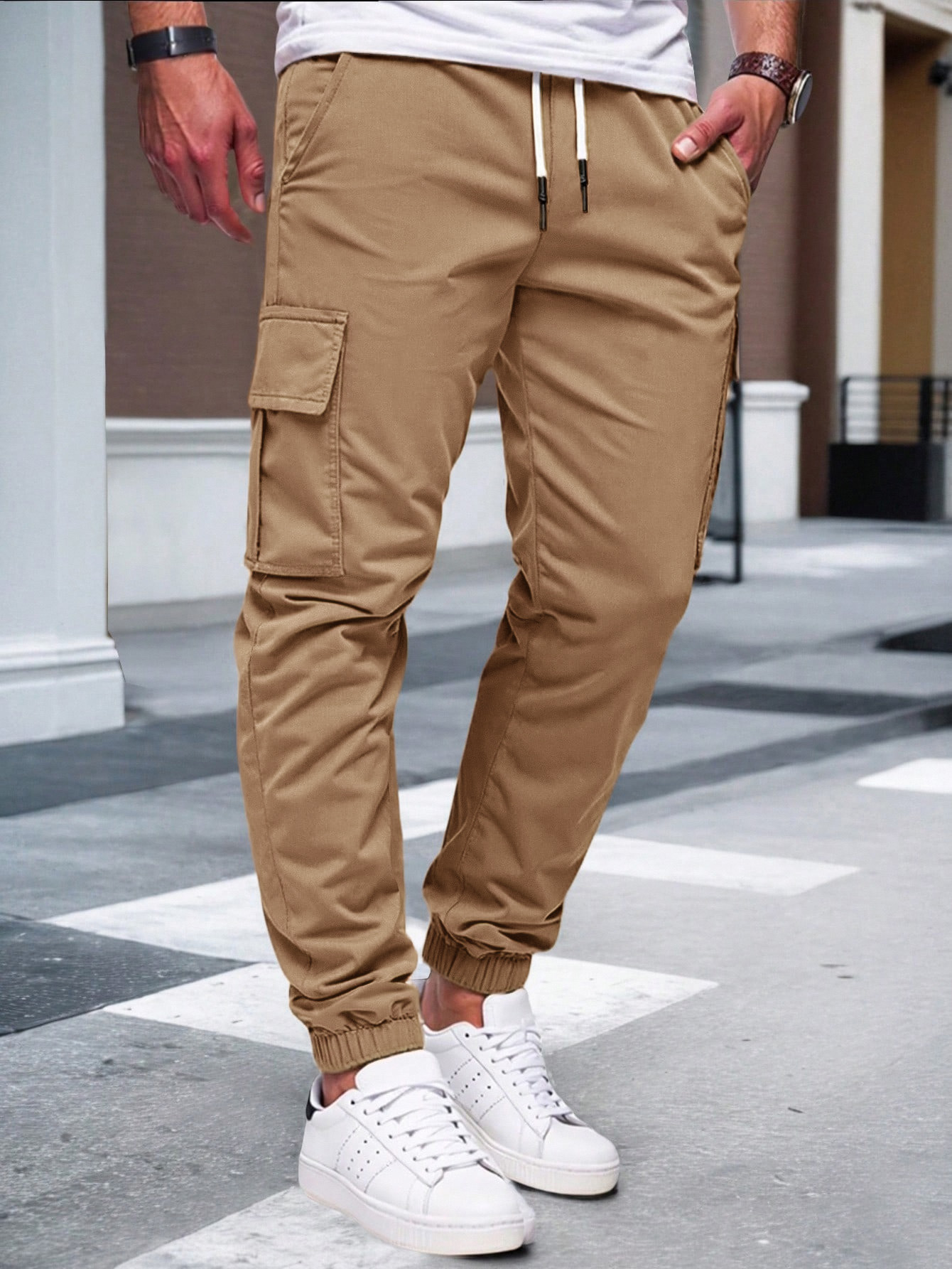 Men's Solid Color Cargo Pants Drawstring Joggers Casual Workout Sweatpants NDF-00021