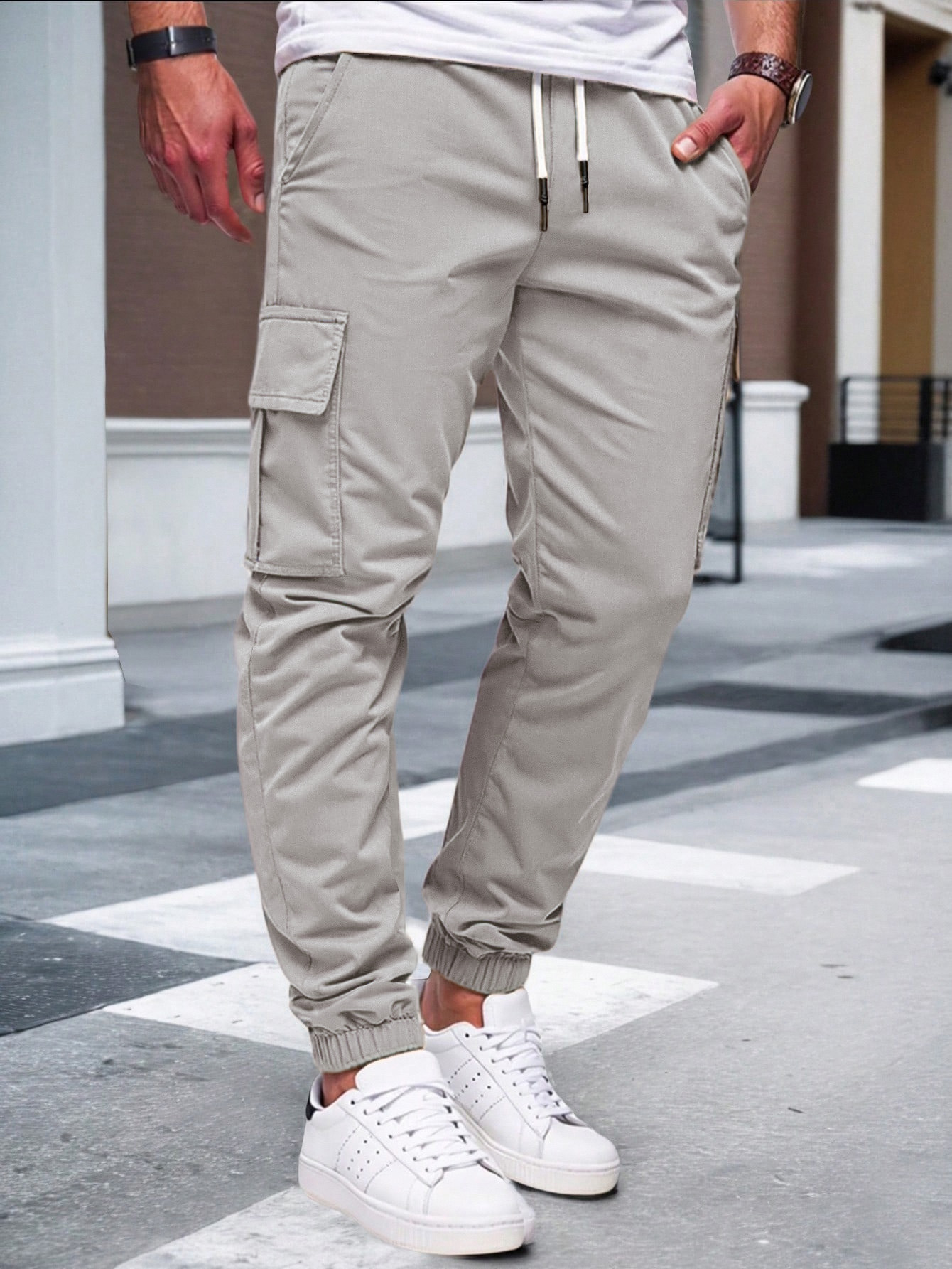 Men's Solid Color Cargo Pants Drawstring Joggers Casual Workout Sweatpants NDF-00021
