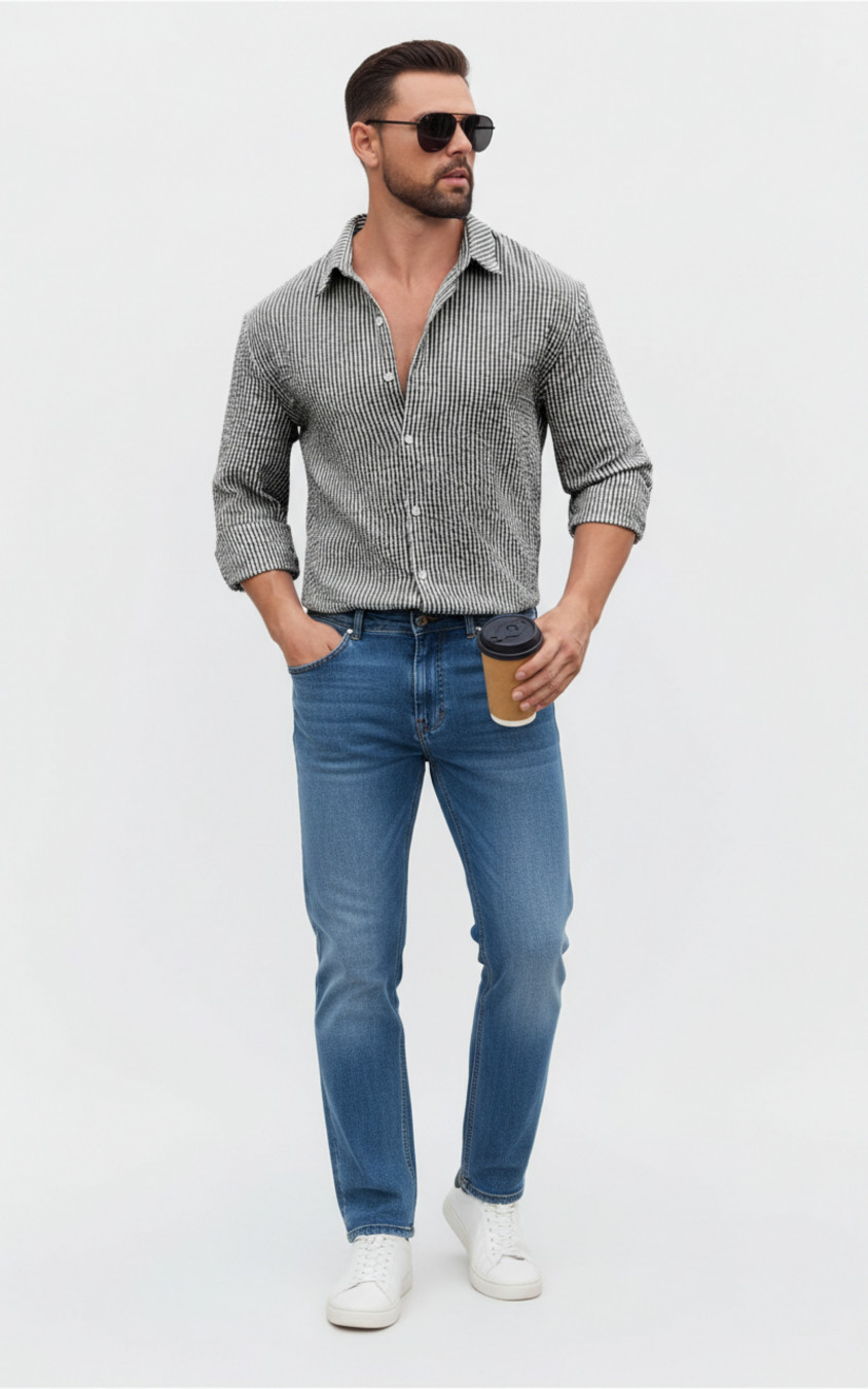 Men's Long Sleeve Plaid Shirt Breathable Cotton Casual Slim Fit Top NDF-00054