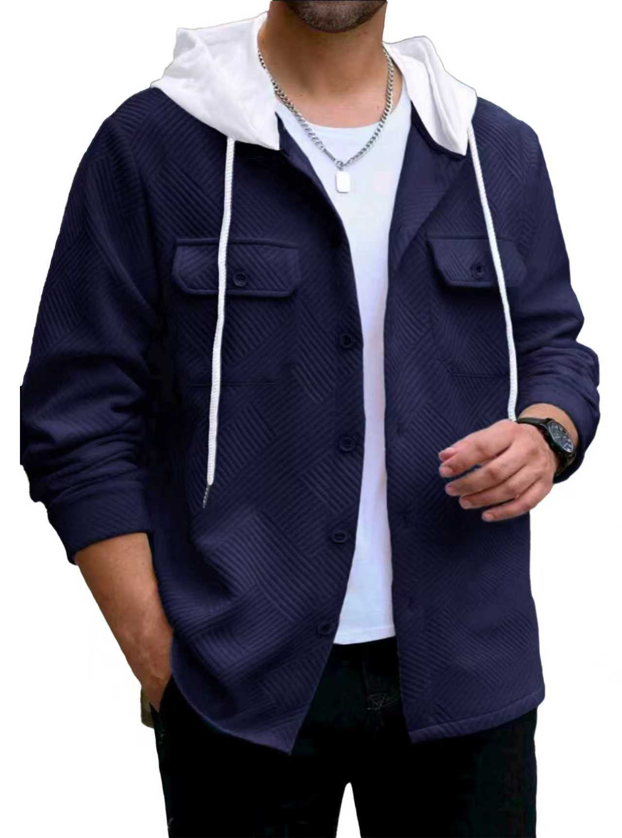 Men's Color Block Hoodie Jacket Knit Pocket Button Down NDF-00018