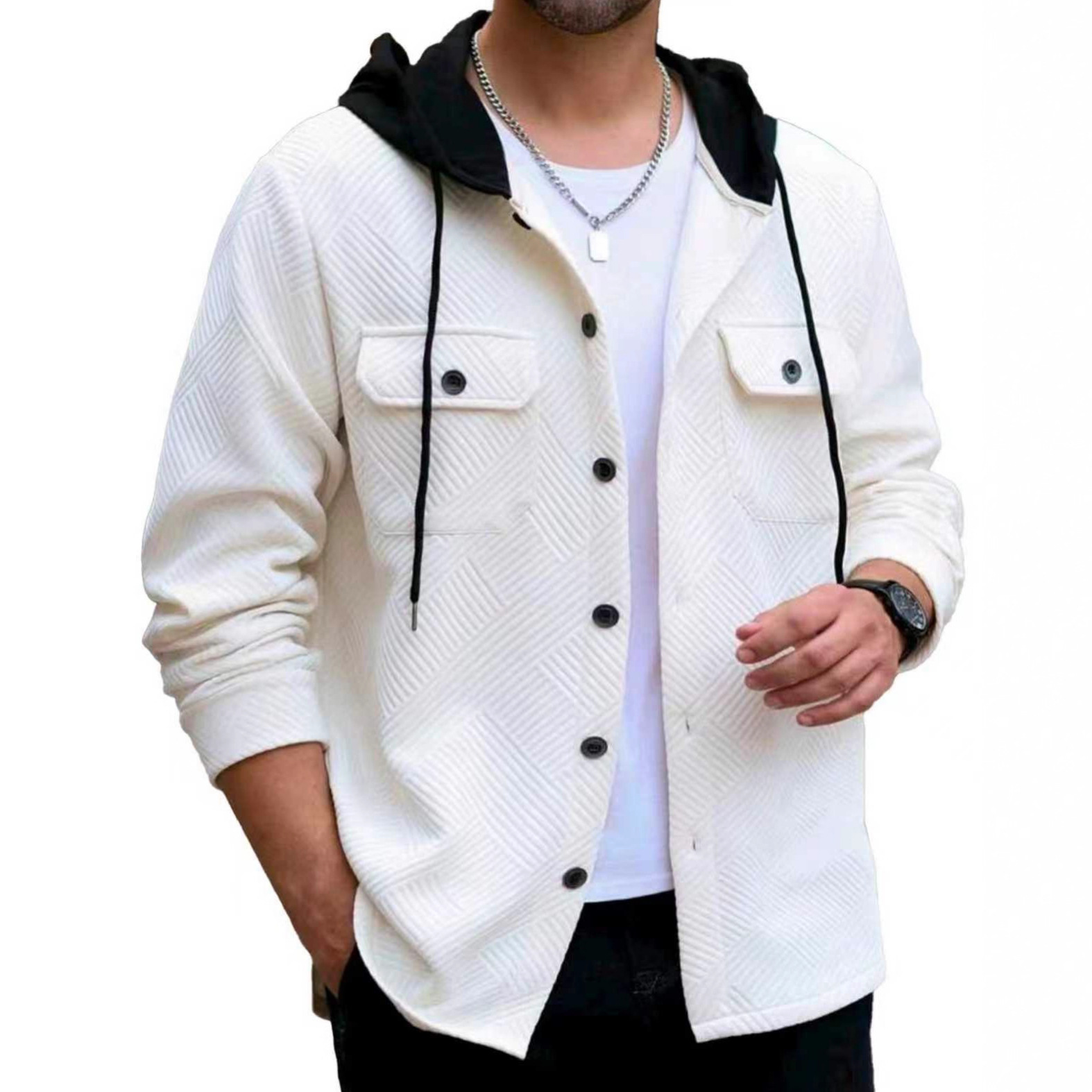 Men's Color Block Hoodie Jacket Knit Pocket Button Down NDF-00018