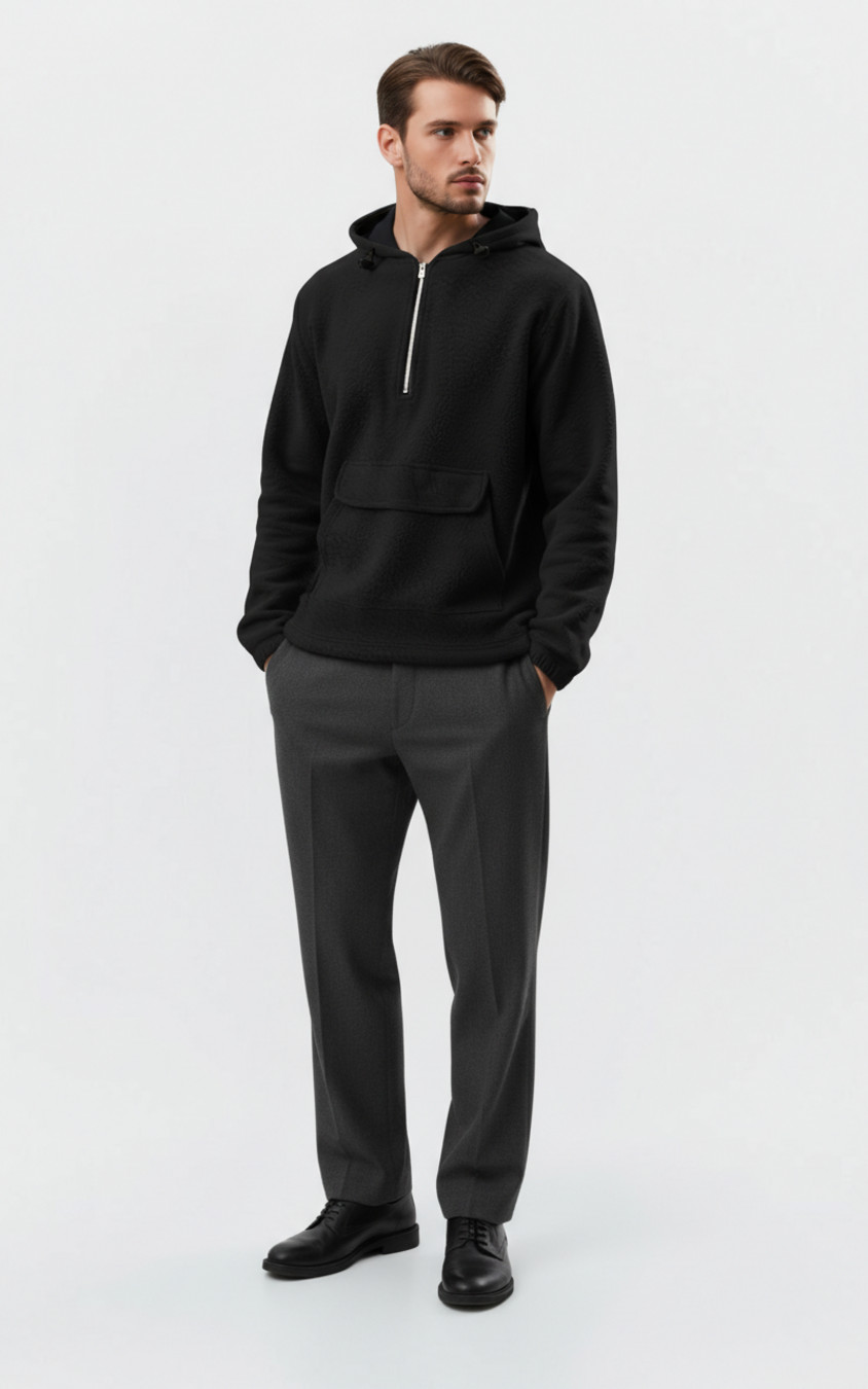 Fashionable Fleece Hoodie Pullover Patch Pocket Half Zip Sweatshirt NDF-00024