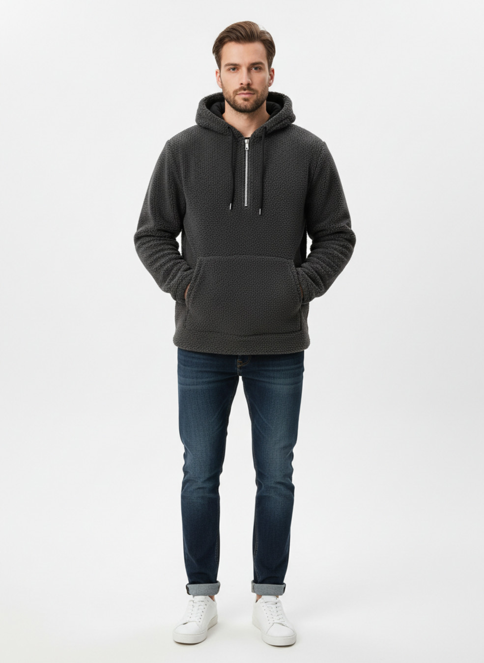 Fashionable Fleece Hoodie Pullover Patch Pocket Half Zip Sweatshirt NDF-00024