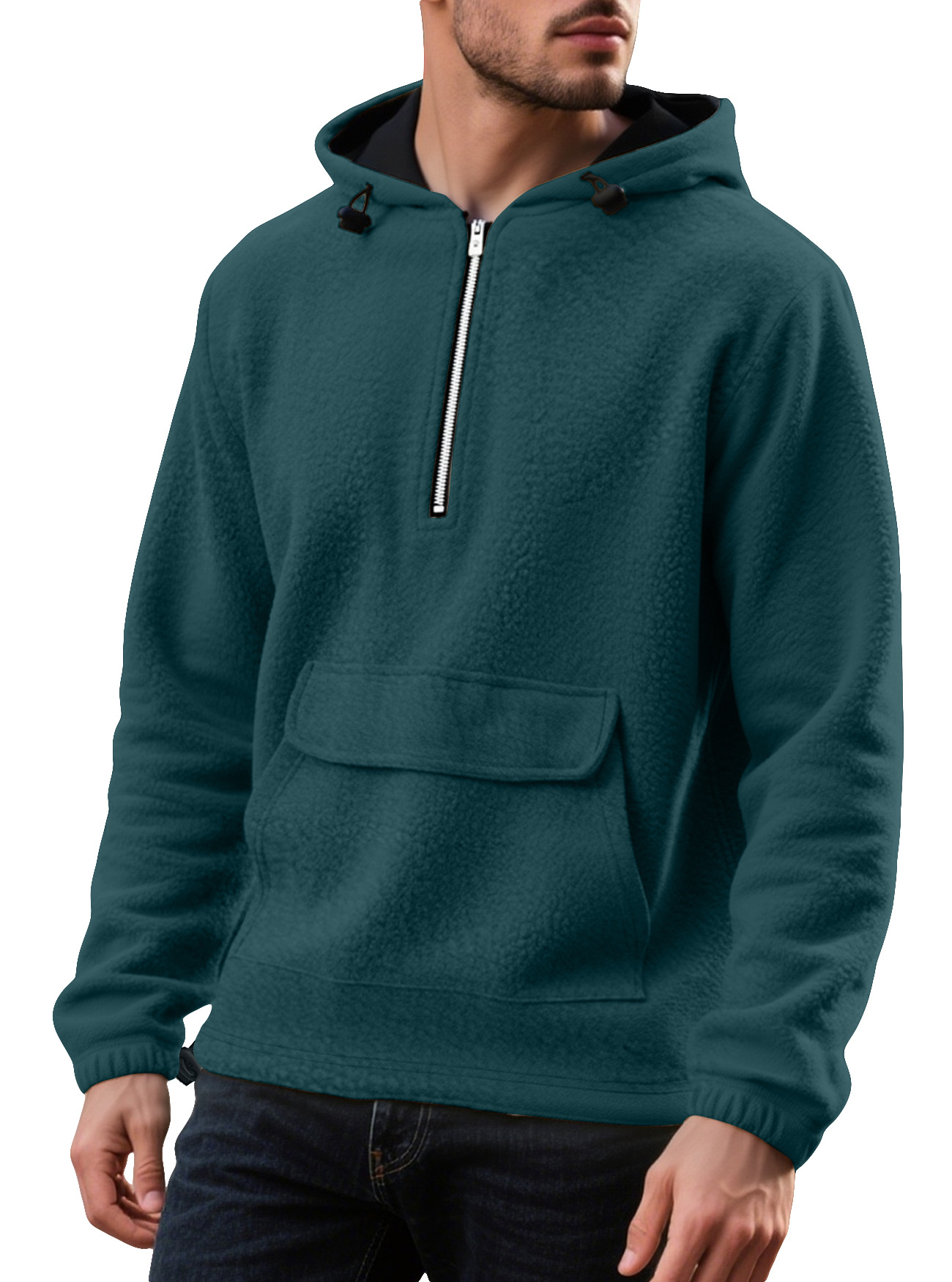 Fashionable Fleece Hoodie Pullover Patch Pocket Half Zip Sweatshirt NDF-00024