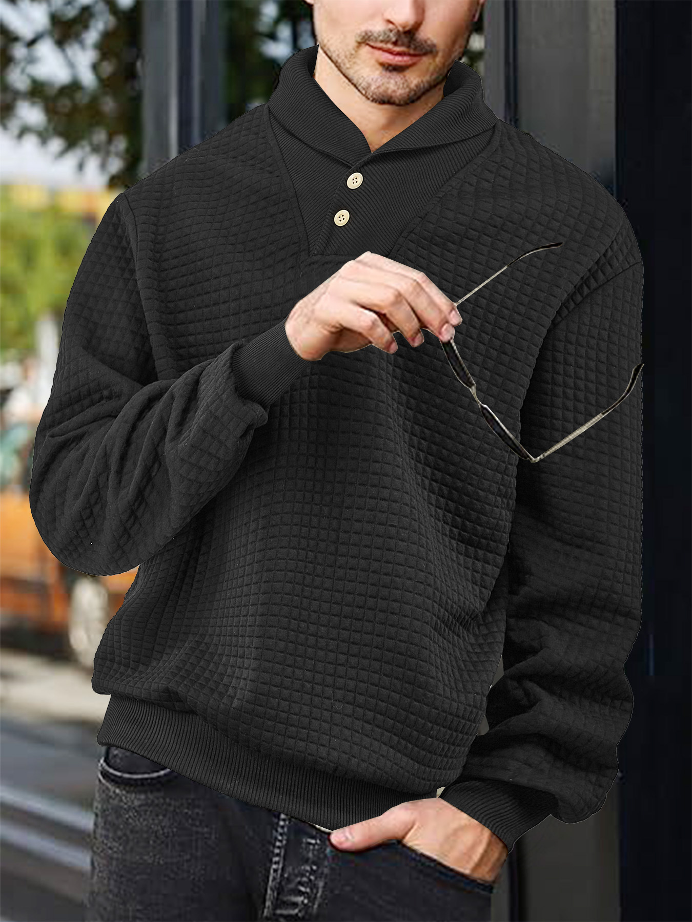 Men's Solid Color Jacquard Plaid Polo Sweatshirt NDF-00025