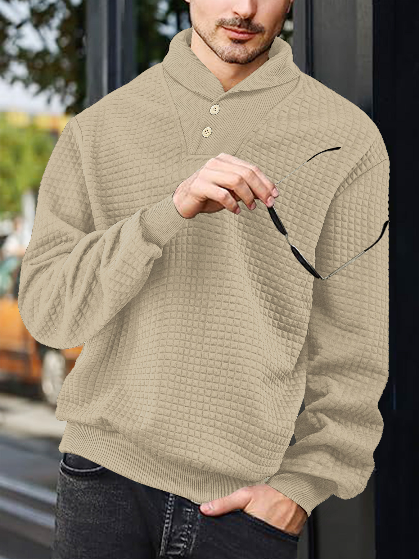 Men's Solid Color Jacquard Plaid Polo Sweatshirt NDF-00025