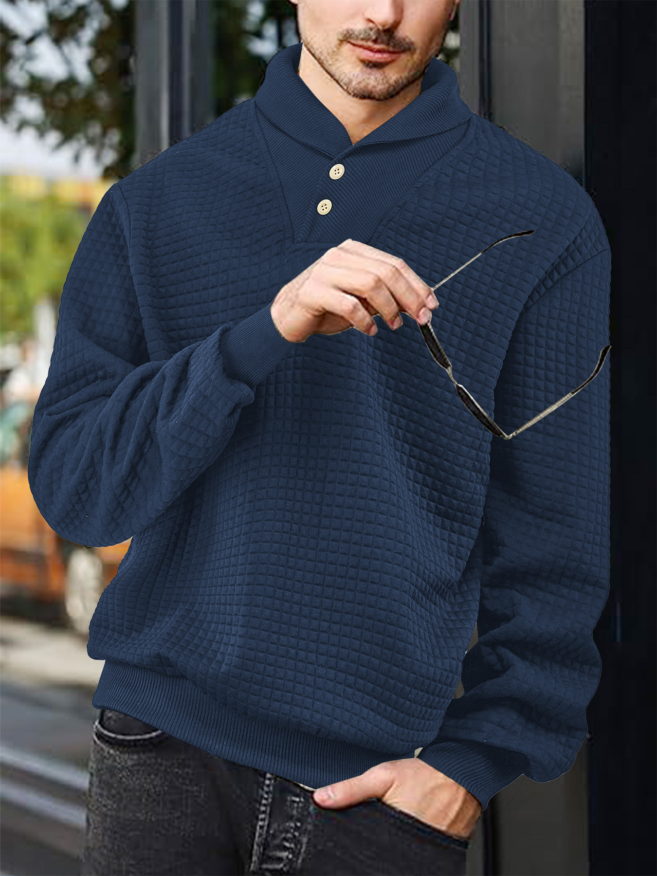 Men's Solid Color Jacquard Plaid Polo Sweatshirt NDF-00025