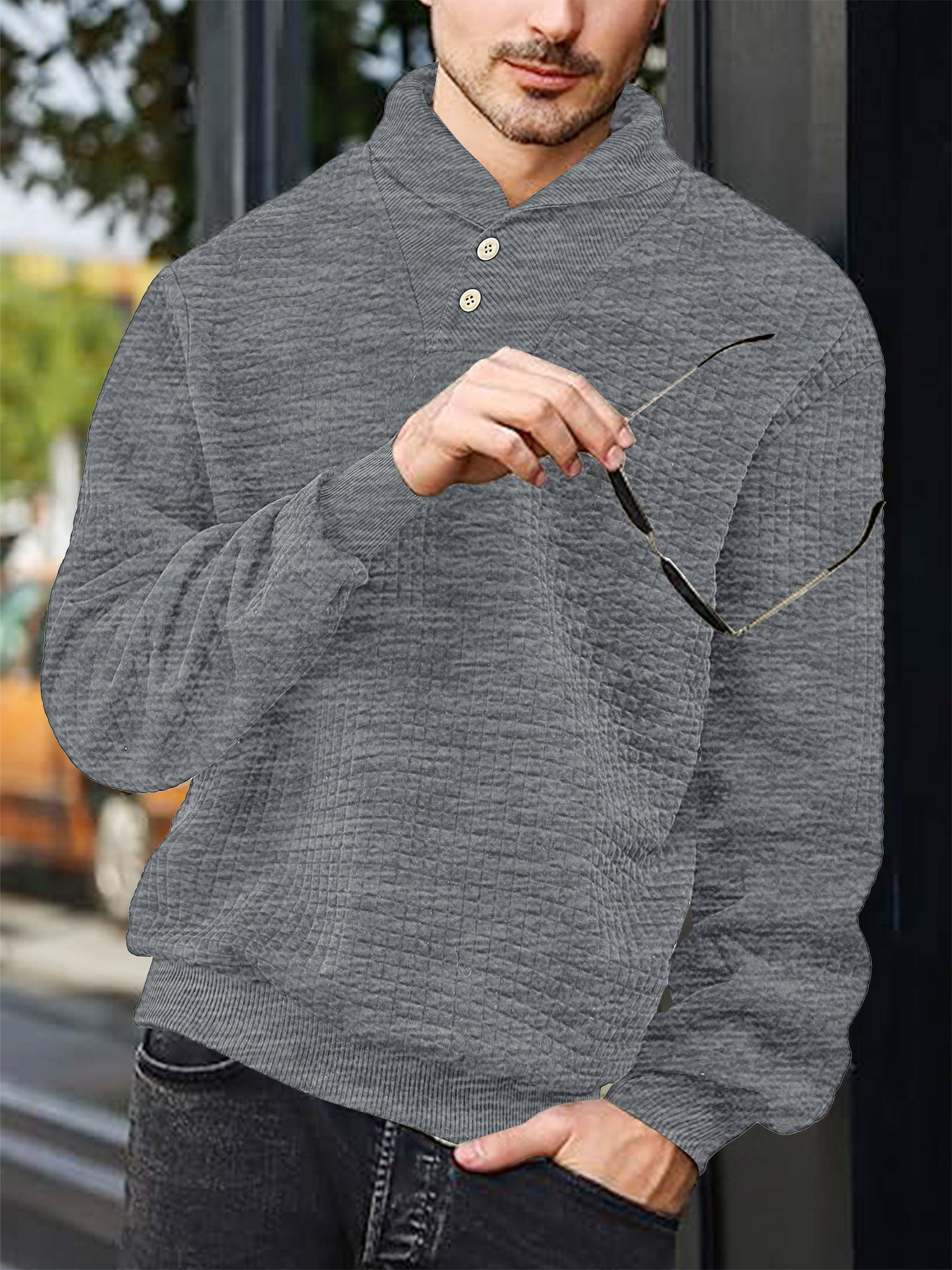 Men's Solid Color Jacquard Plaid Polo Sweatshirt NDF-00025