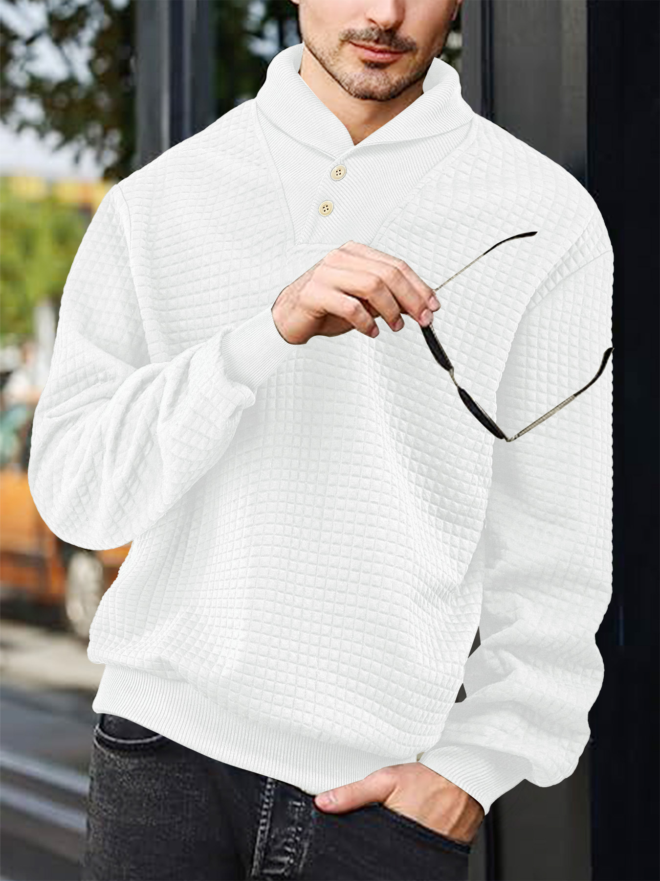 Men's Solid Color Jacquard Plaid Polo Sweatshirt NDF-00025