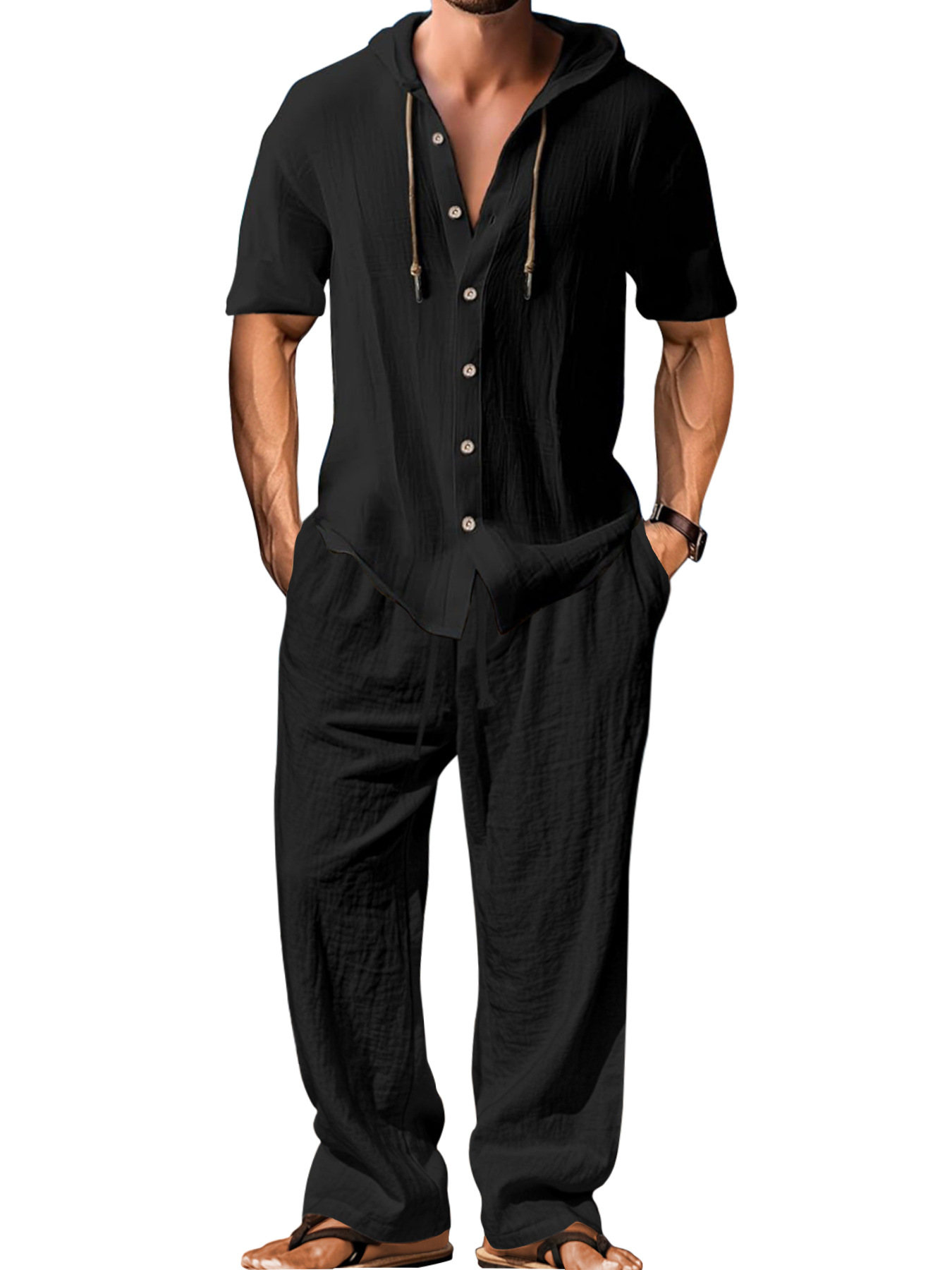 Cotton Linen Men's Casual Tracksuit - Hooded Shirt & Pants Set NDF-00055