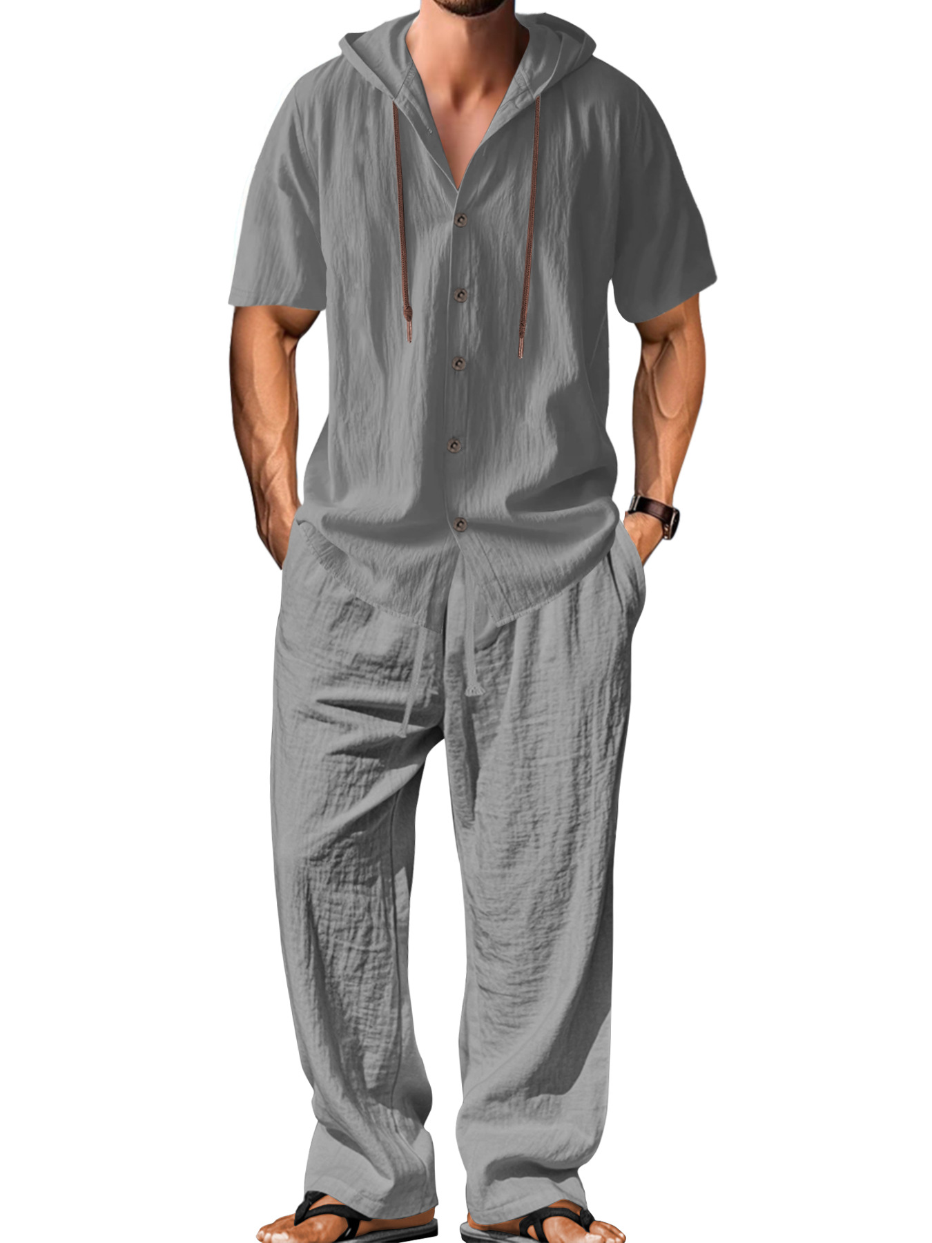 Cotton Linen Men's Casual Tracksuit - Hooded Shirt & Pants Set NDF-00055