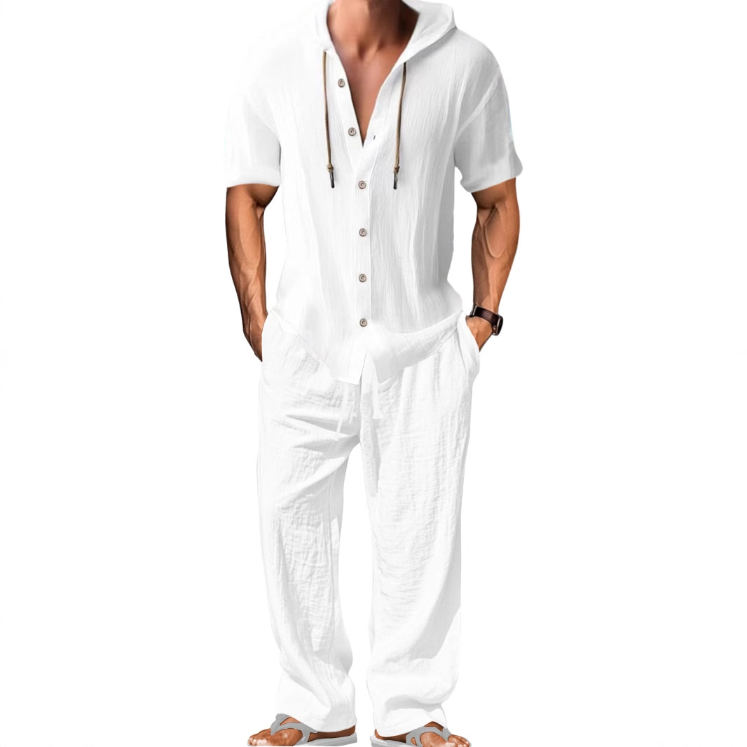 Cotton Linen Men's Casual Tracksuit - Hooded Shirt & Pants Set NDF-00055
