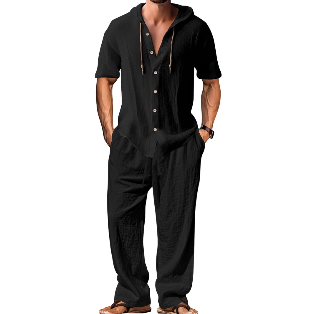 Cotton Linen Men's Casual Tracksuit - Hooded Shirt & Pants Set NDF-00055