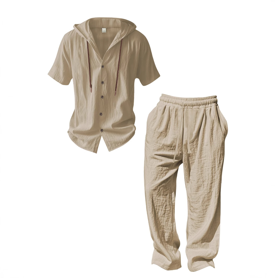 Cotton Linen Men's Casual Tracksuit - Hooded Shirt & Pants Set NDF-00055