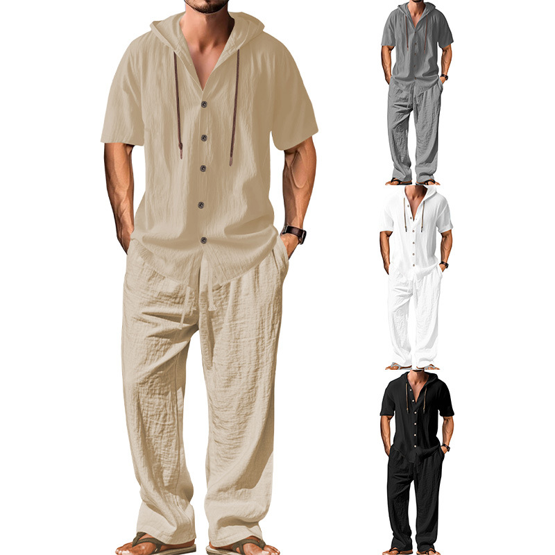 Cotton Linen Men's Casual Tracksuit - Hooded Shirt & Pants Set NDF-00055