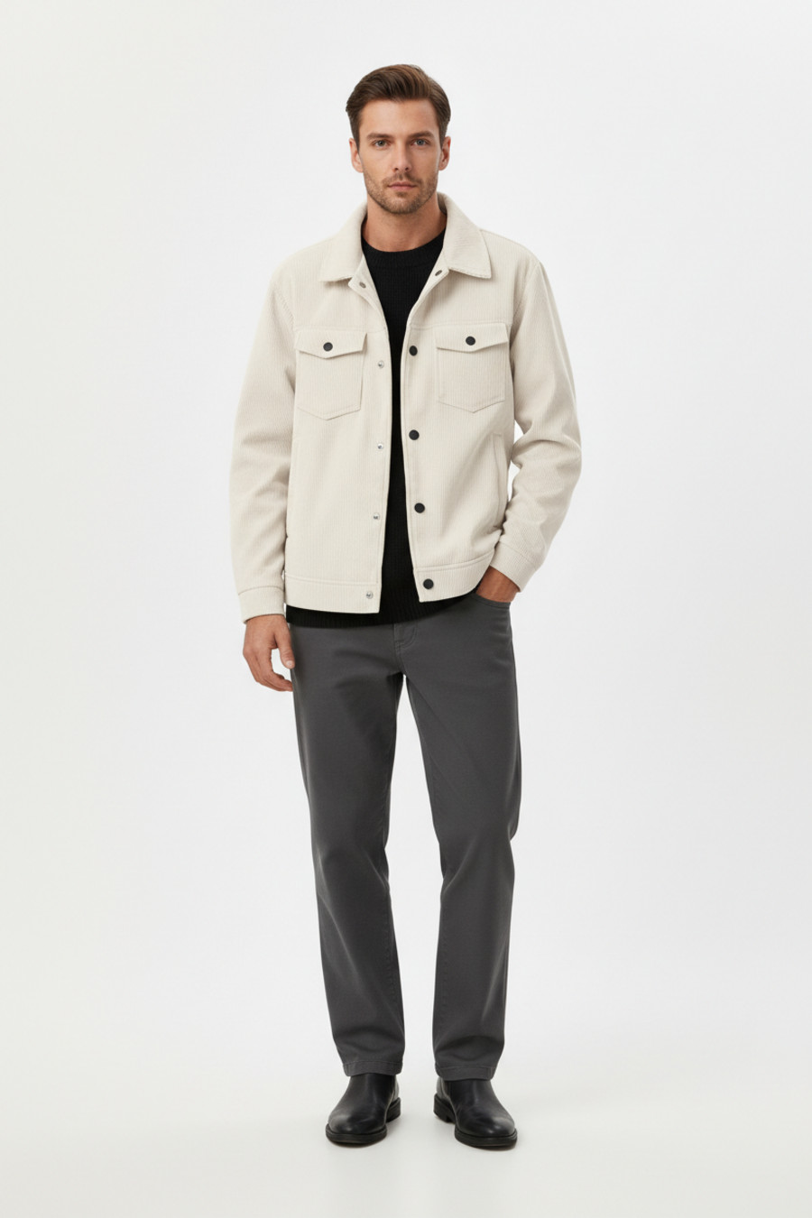 Corduroy Casual Jacket Men Long Sleeve Button Down Shirt with Pockets NDF-00056