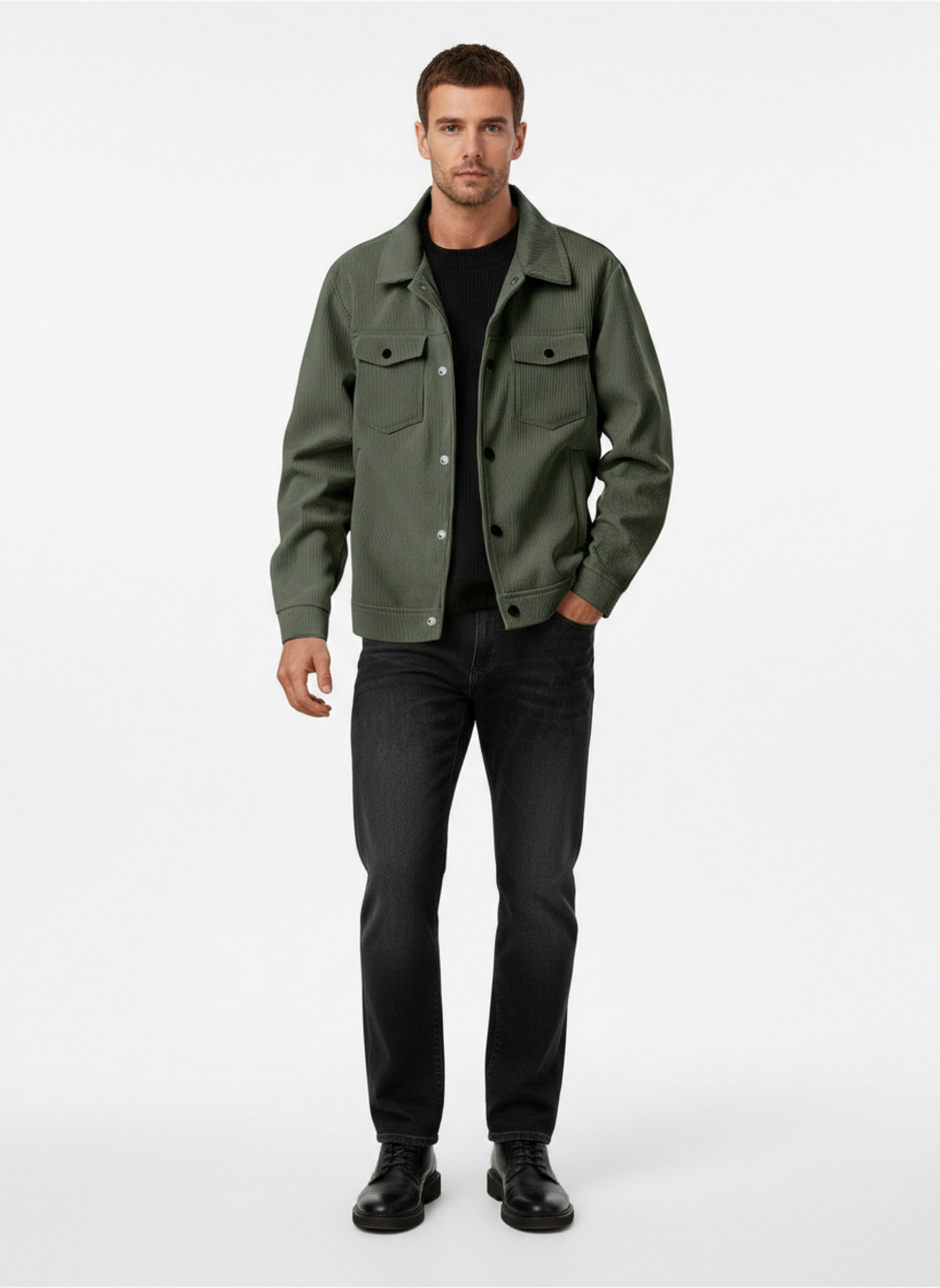 Corduroy Casual Jacket Men Long Sleeve Button Down Shirt with Pockets NDF-00056