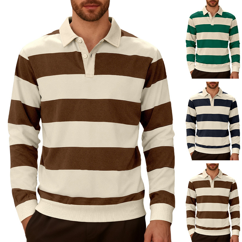 Knit Striped Long Sleeve Polo Shirt - Casual Business Trendy NDF-00025