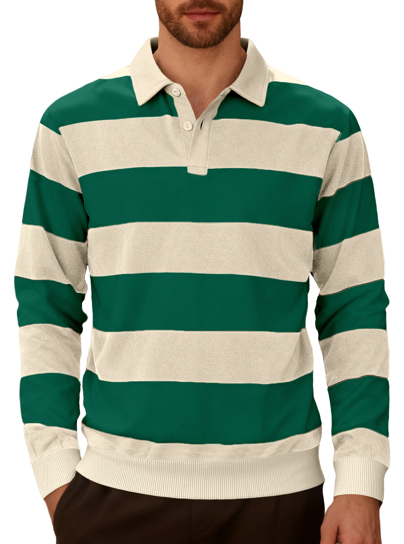 Knit Striped Long Sleeve Polo Shirt - Casual Business Trendy NDF-00025
