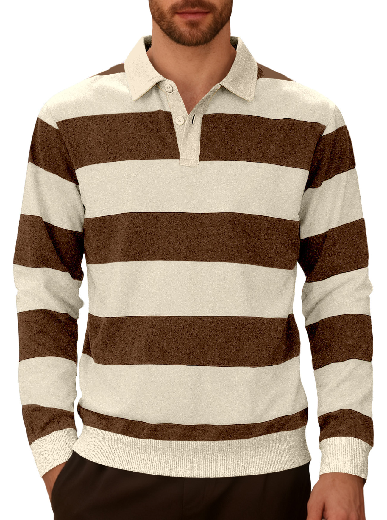 Knit Striped Long Sleeve Polo Shirt - Casual Business Trendy NDF-00025