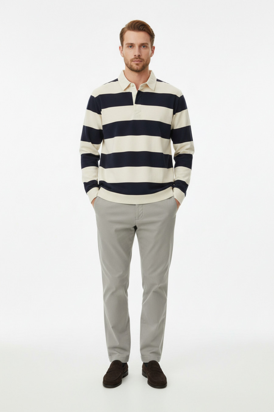 Knit Striped Long Sleeve Polo Shirt - Casual Business Trendy NDF-00025