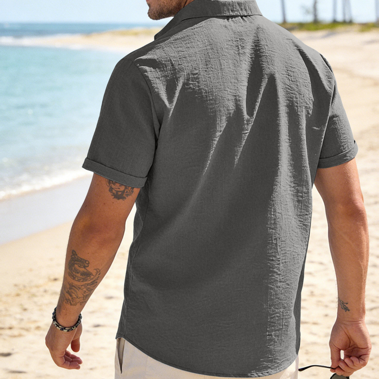 Cotton Linen Short Sleeve Shirt - Casual Button Down Collar NDF-00059