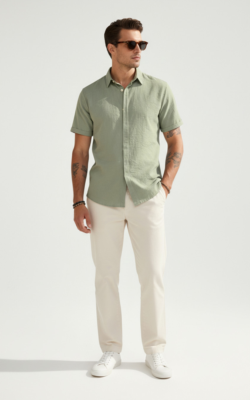 Cotton Linen Short Sleeve Shirt - Casual Button Down Collar NDF-00059