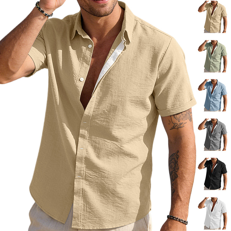 Cotton Linen Short Sleeve Shirt - Casual Button Down Collar NDF-00059