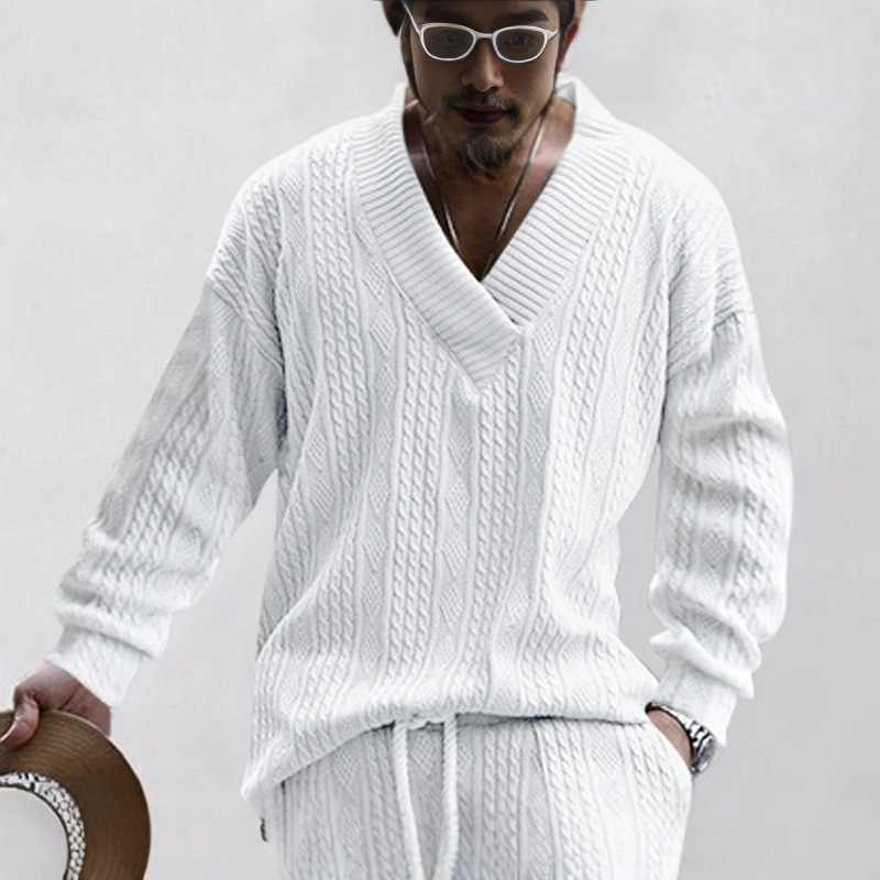 Cotton Knit V-Neck Long Sleeve Sweater - Relaxed Fit NDF-00004