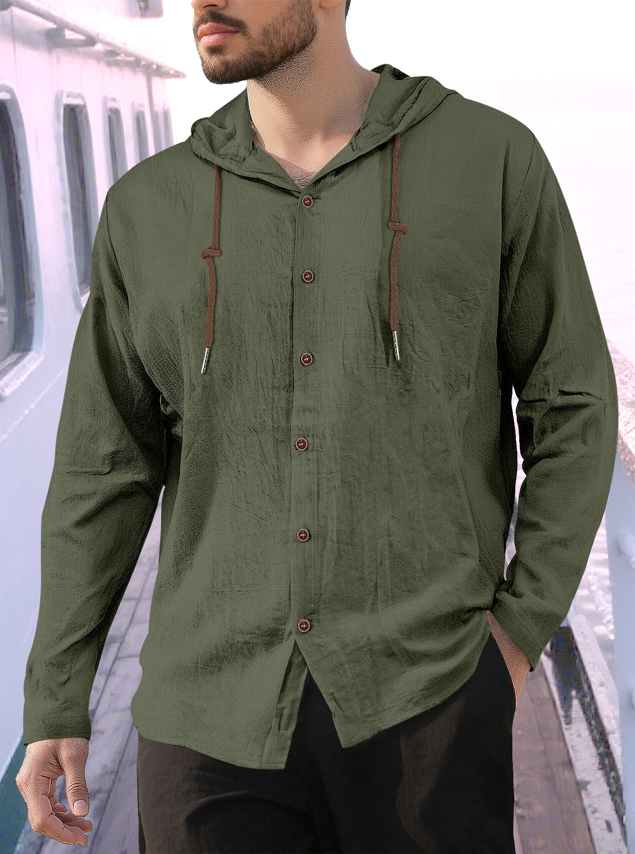 Linen Blend Men's Long Sleeve Hooded T-Shirt Casual Top NDF-00023