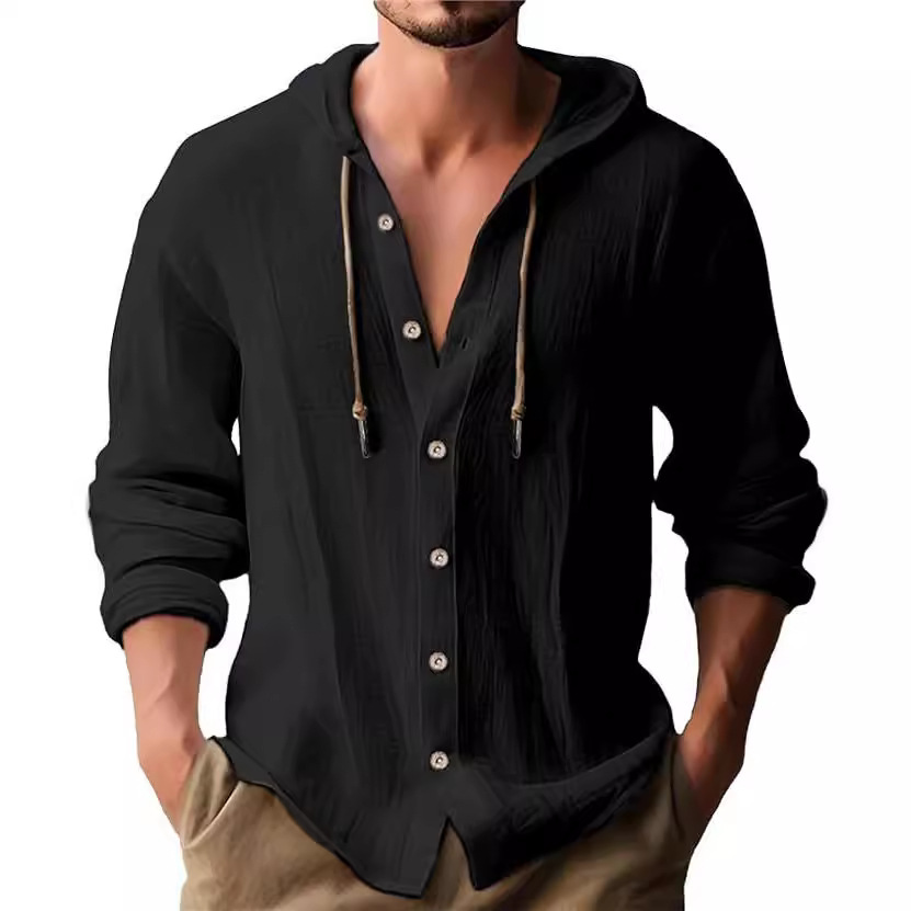Linen Blend Men's Long Sleeve Hooded T-Shirt Casual Top NDF-00023