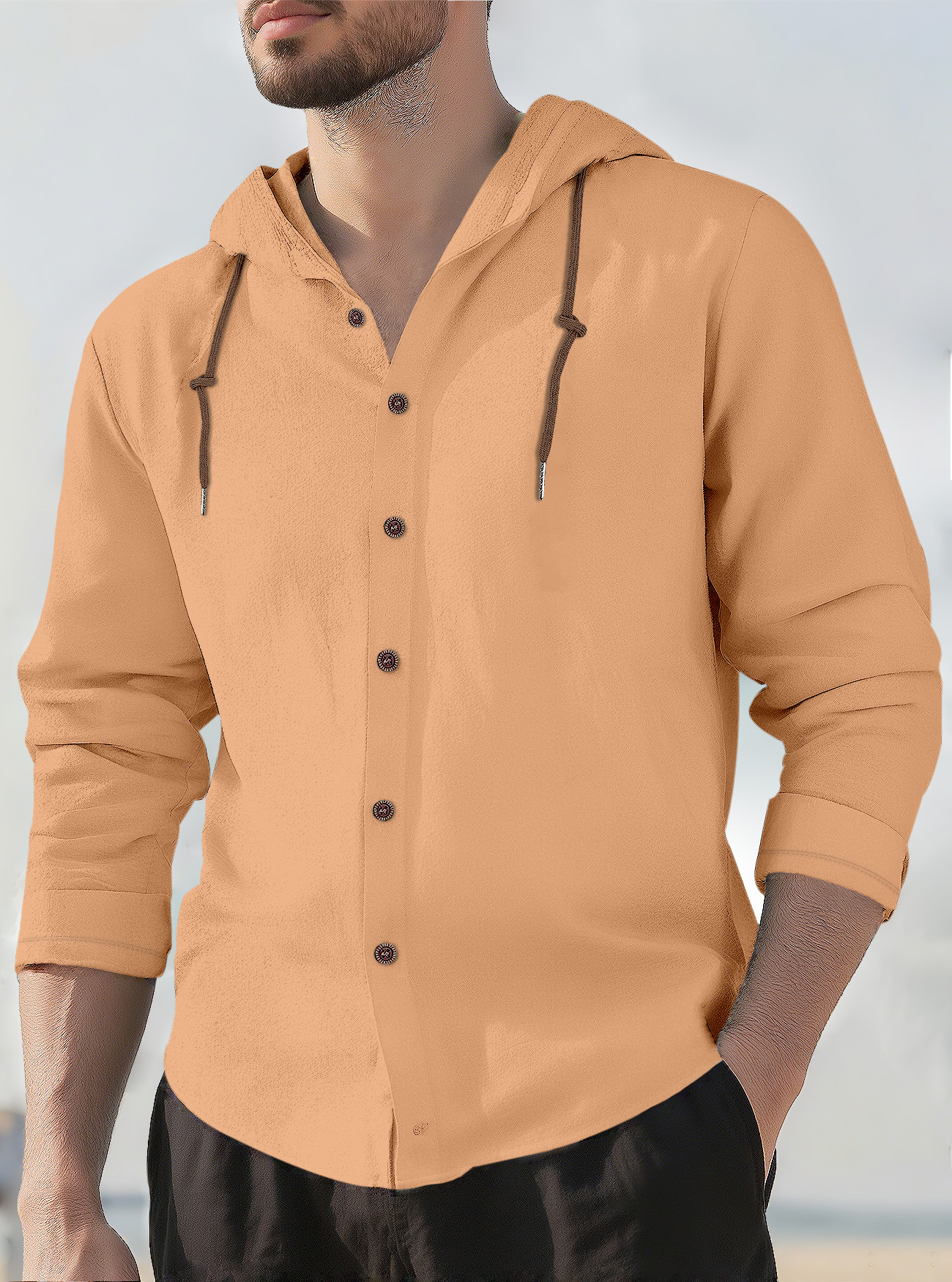 Linen Blend Men's Long Sleeve Hooded T-Shirt Casual Top NDF-00023