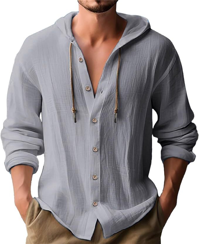 Linen Blend Men's Long Sleeve Hooded T-Shirt Casual Top NDF-00023